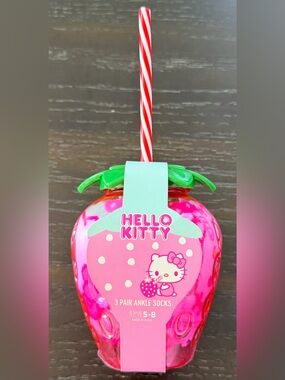 Hello Kitty Pink Strawberry Novelty Sock Set with Green Lid